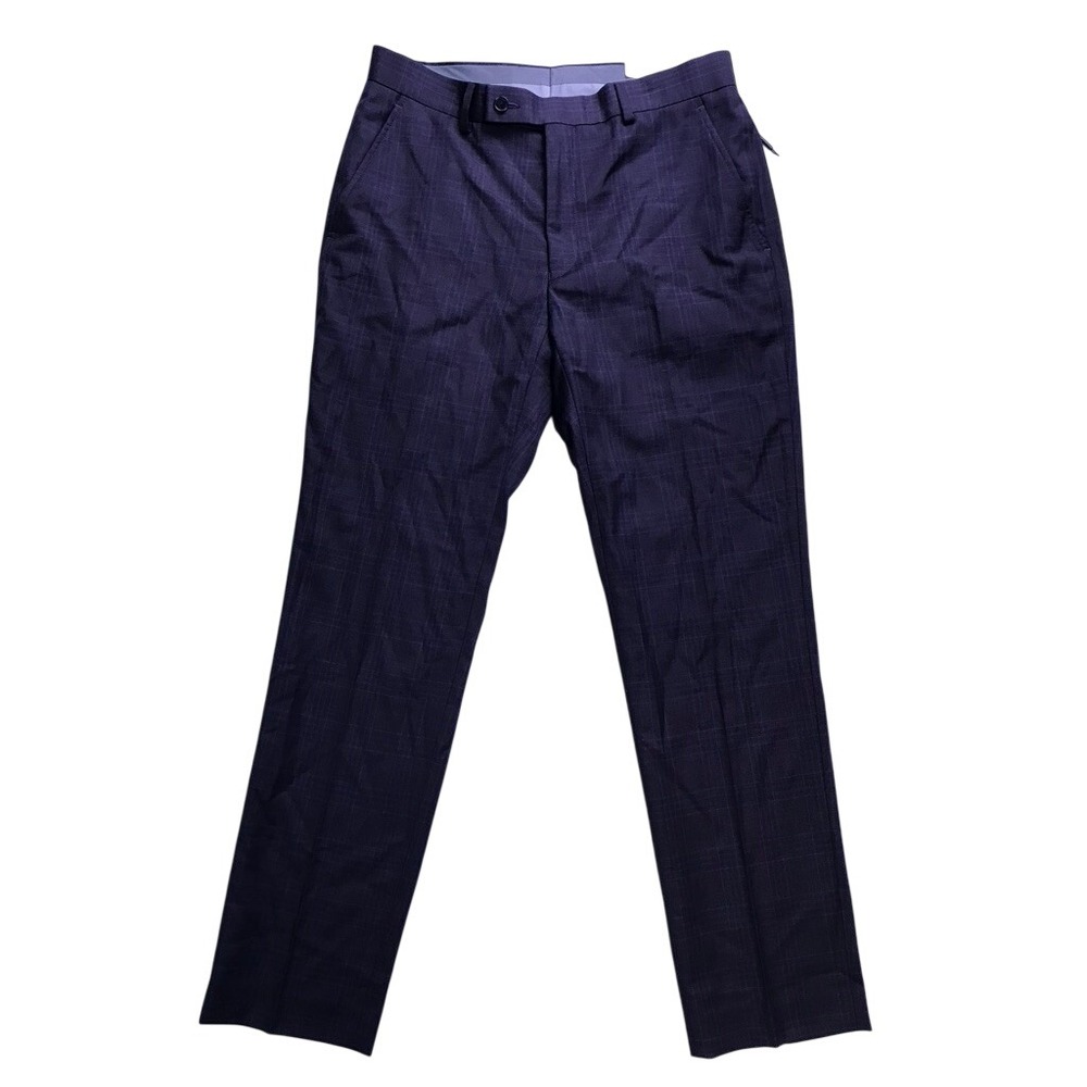 Calvin Klein Dress Pants Men 32x30 Navy Burgundy Plaid X Slim Fit Jace Wool